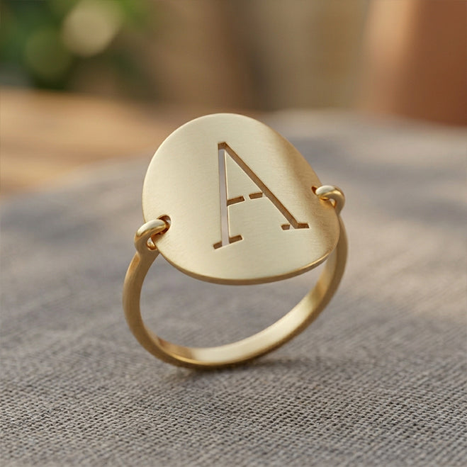 Personalized 14k Gold Single Punchout Block Initial Wire Ring with Matte Finish