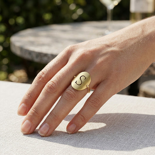 Personalized 14k Gold Single Punchout Script Initial Wire Ring with Matte Finish