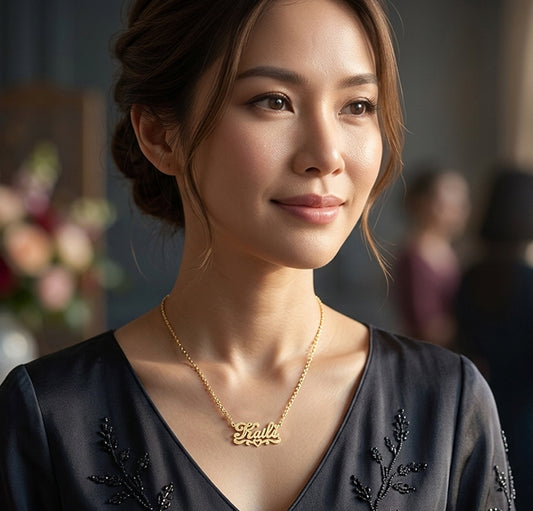 Personalized 14kt. Gold Nameplate Necklace with Heart Flourish