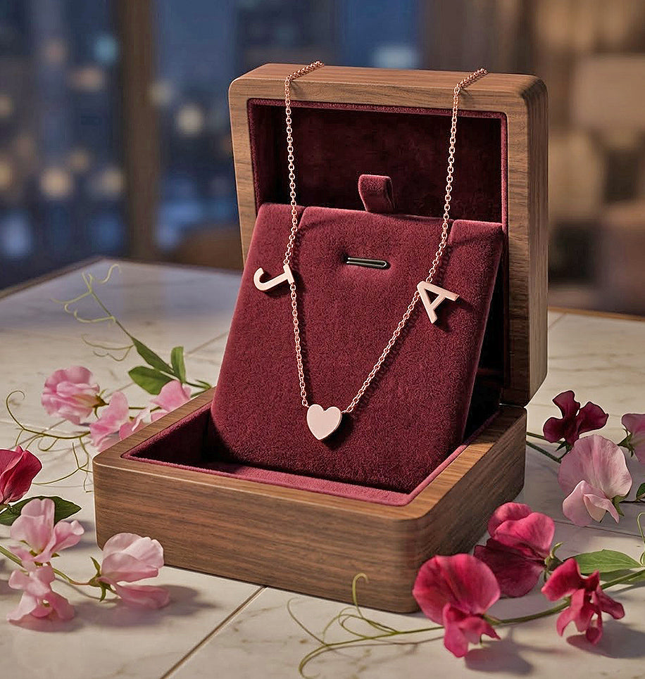 Personalized 2 Initial Necklace with Heart Charm in Solid 14K Gold