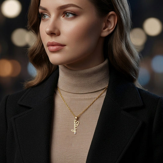 Personalized Vertical Name Pendant with Diamond in High Polished 14K Gold