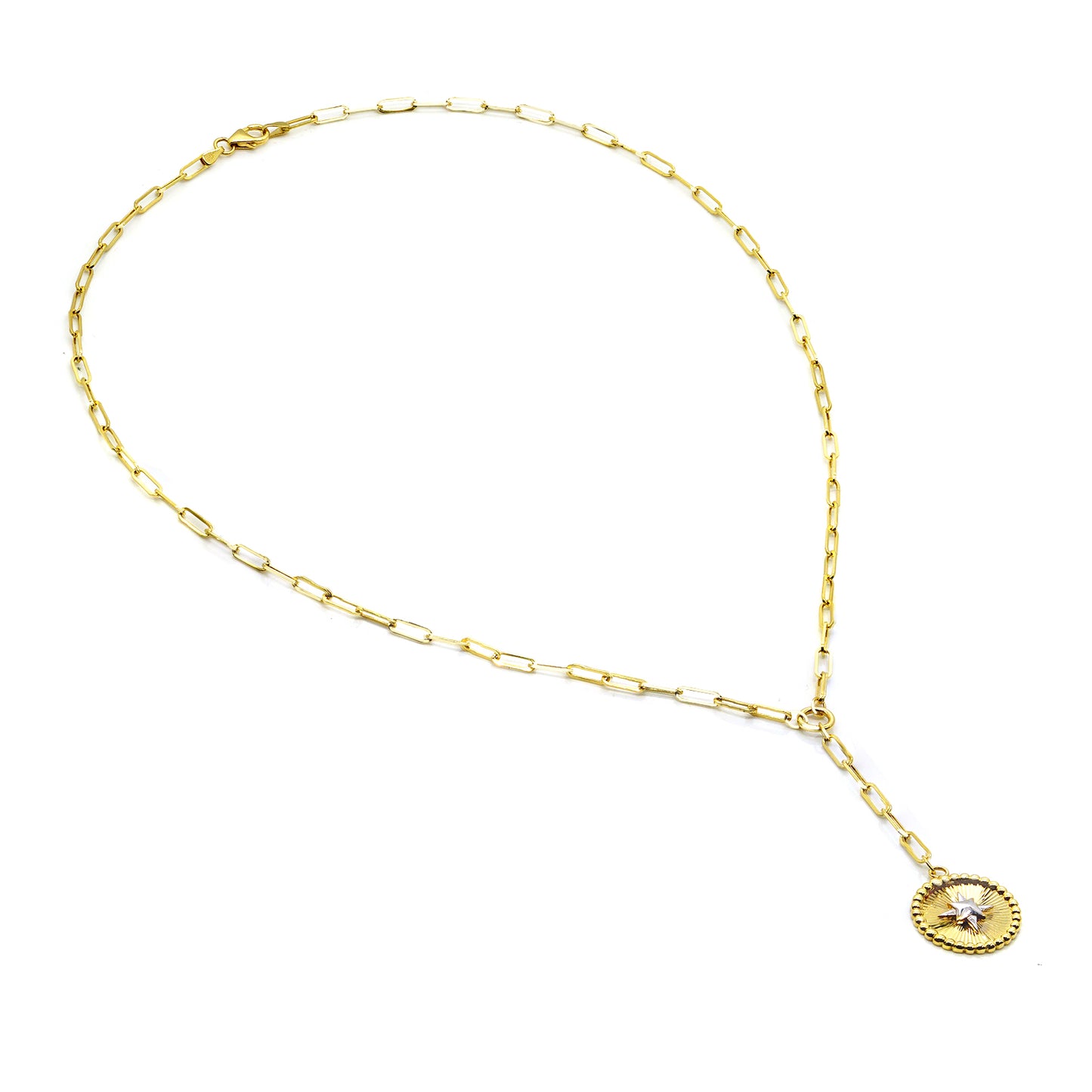 14K Gold Star Two-tone Medallion Lariat Necklace on Paperclip Chain with Lobster Clasp