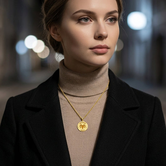 Zodiac Engraved Pendant with Customizable Name in High Polished 14K Gold | 0.75" Aries