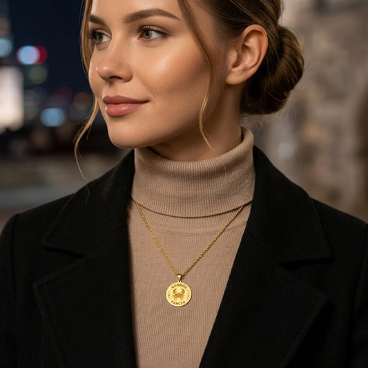 Zodiac Engraved Pendant with Customizable Name in High Polished 14K Gold | 0.75" Cancer
