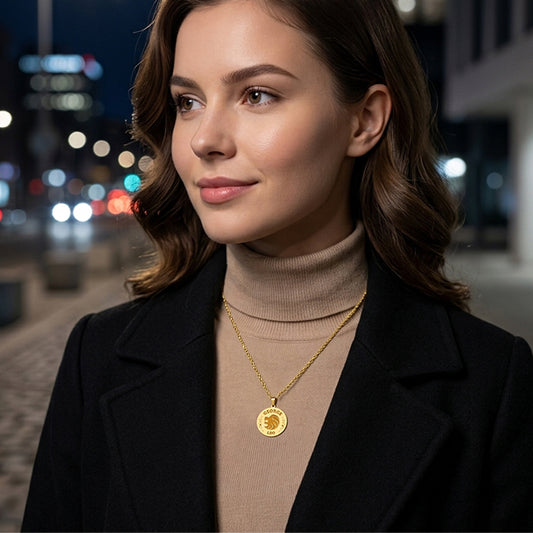 Zodiac Engraved Pendant with Customizable Name in High Polished 14K Gold | 0.75" Leo
