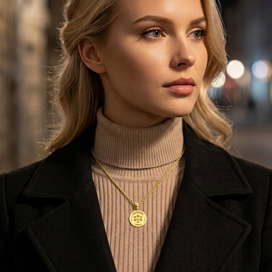 Zodiac Engraved Pendant with Customizable Name in High Polished 14K Gold | 0.75" Libra