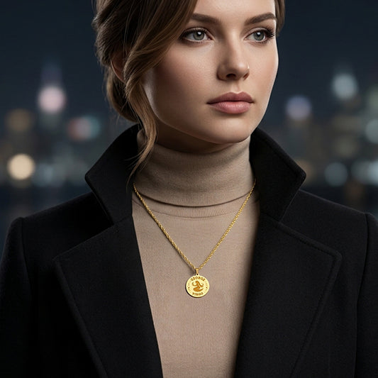 Zodiac Engraved Pendant with Customizable Name in High Polished 14K Gold | 0.75" Virgo
