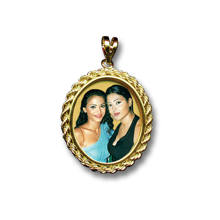 14K Gold Oval Picture Pendant with Rope Chain Frame and HD Laser