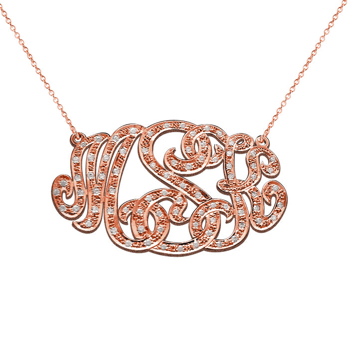 14K Gold and Diamond Script Monogram Necklace | Customizable 3 Character Monogram