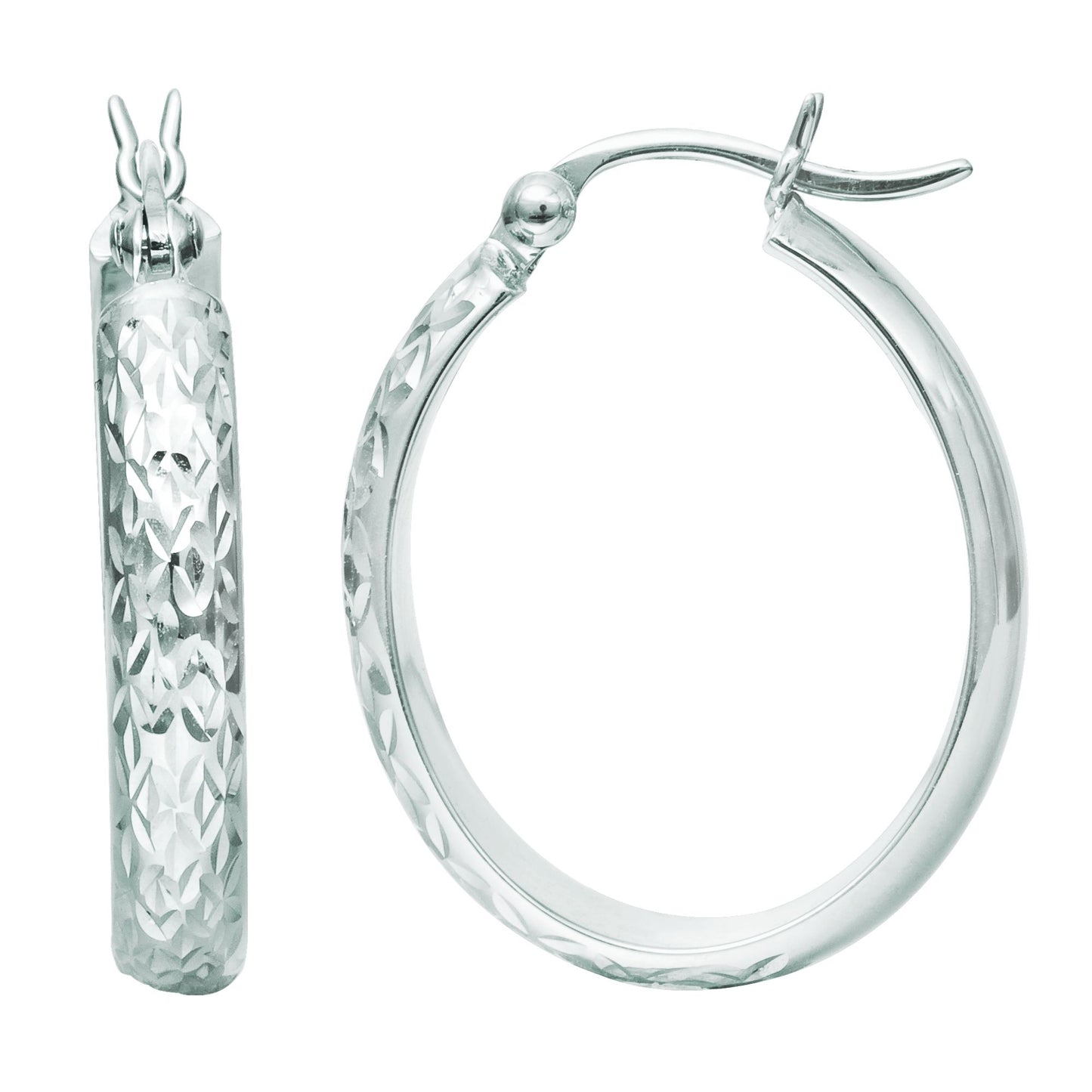 10K White Gold Oval Diamond Cut Hoop Earring