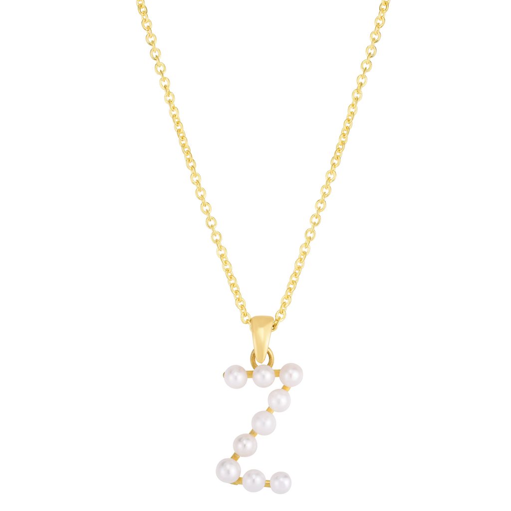 14K Gold and Pearls Initial Pendant Charm Necklace with Lobster Clasp