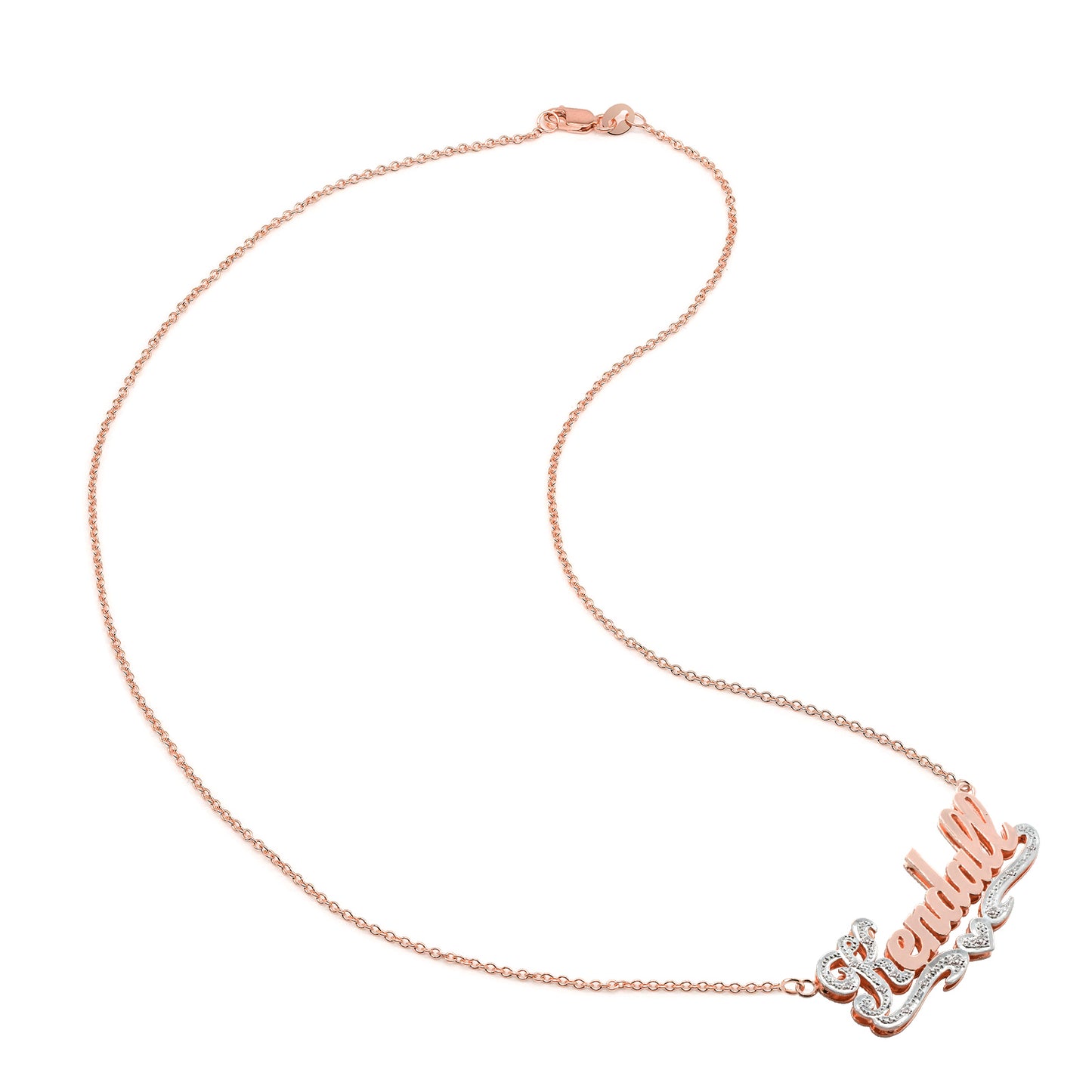 Custom Script Name Plate in 14K Gold and Diamonds on First Letter Heart and Details