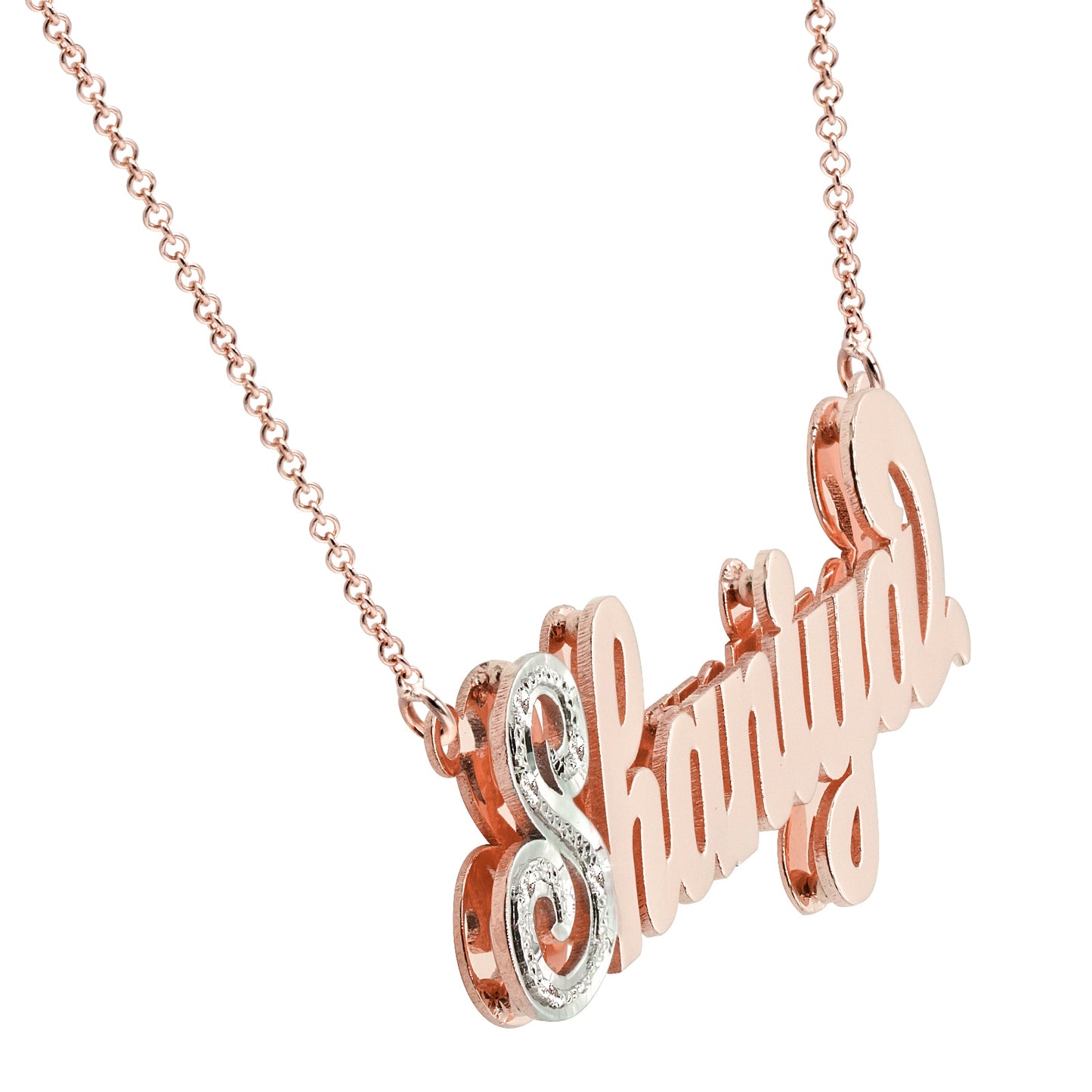 Custom Double Name Plate in 14K Gold plus Diamonds on First Initial