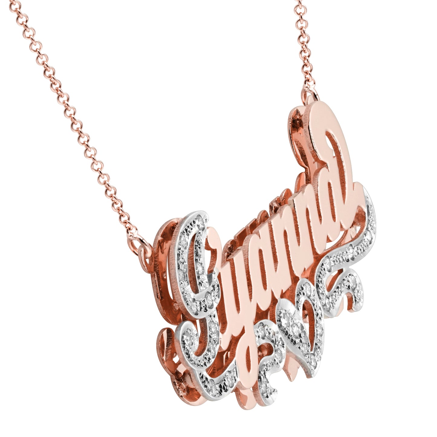 14K Gold Double Name Plate with Diamonds and Rhodium Sparkle