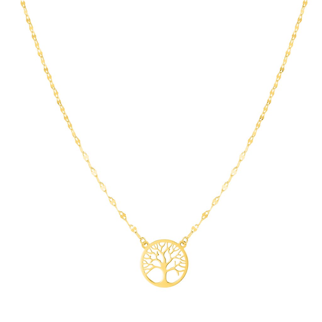 14K Gold Tree of Life on Mirror Chain Necklace
