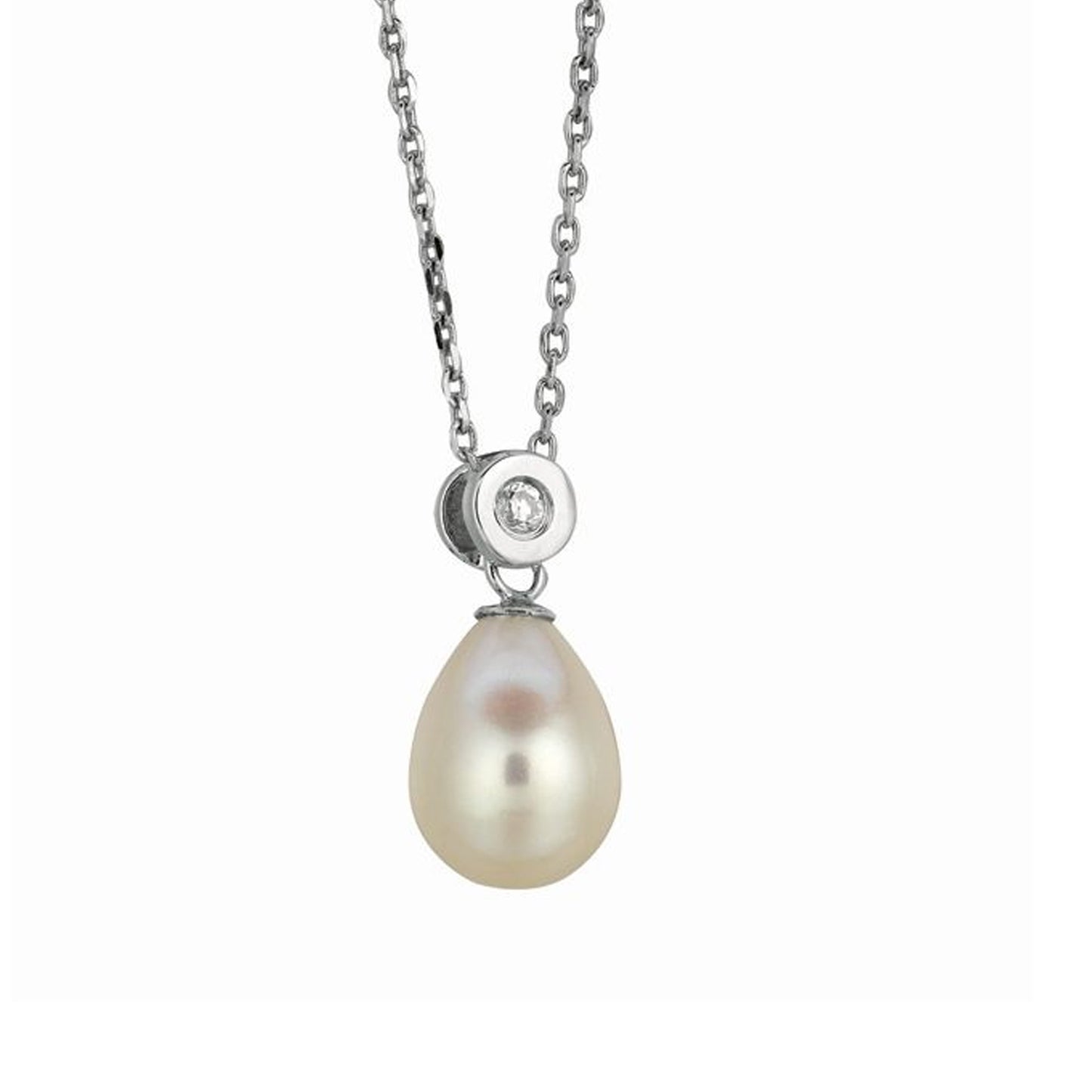 Sterling Silver Freshwater Pearl and Bezel Set CZ Necklace