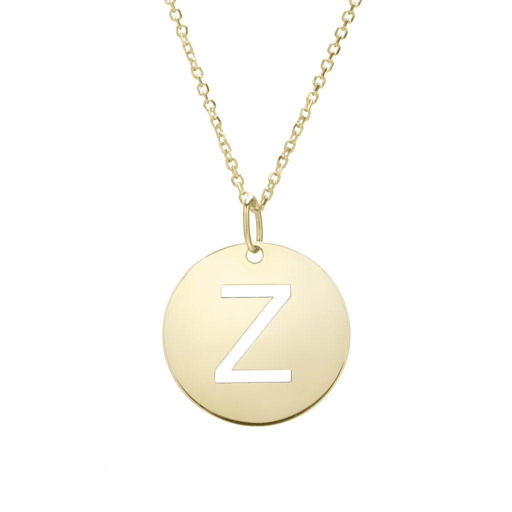 14K Gold Yours Truly High Polished Disc Pendant Initial Letter Necklace - Elegant Creations NYC