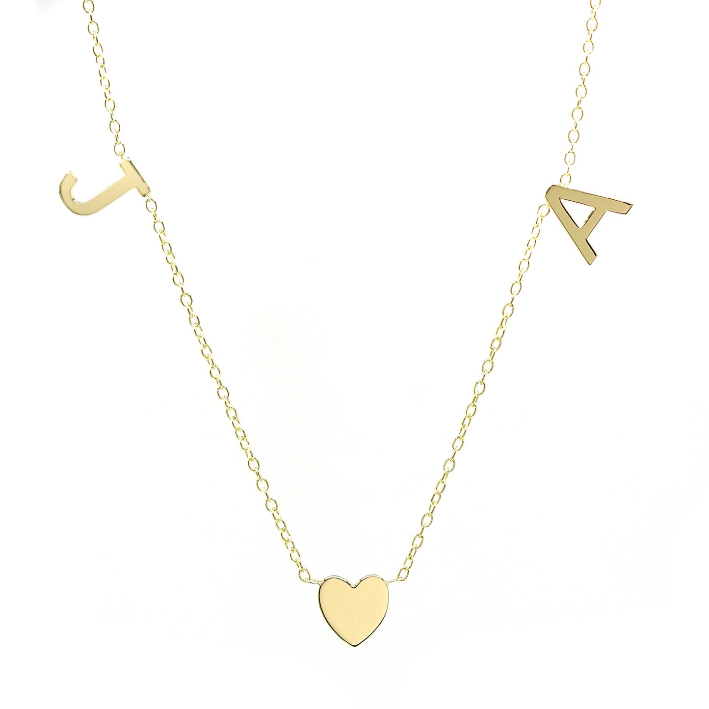 Personalized 2 Initial Necklace with Heart Charm in Solid 14K Gold
