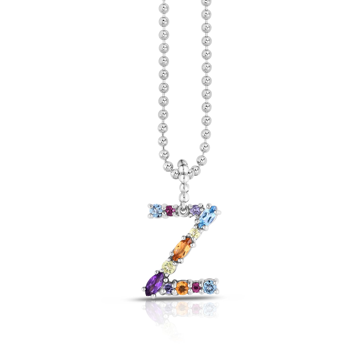 Sterling Silver Initial Gemstone Charm Pendant on 18in Chain with Lobster Clasp