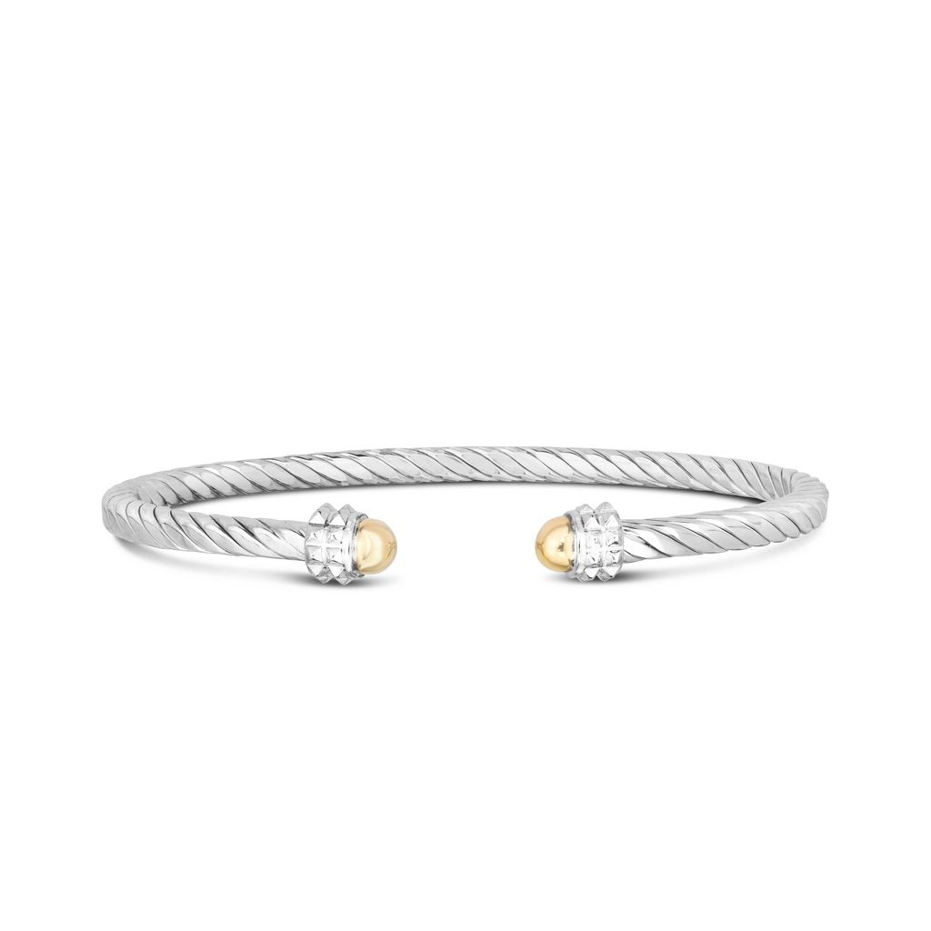 18K Gold & Sterling Silver Italian Cable Cuff Bangle with Gemstone Options