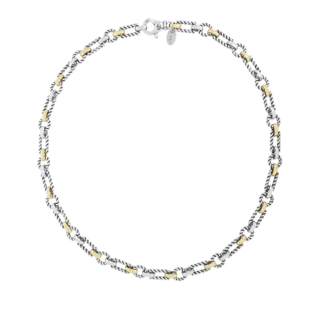 18K Gold & Sterling Silver Rectangular-Round Link Necklace with Oval Connector