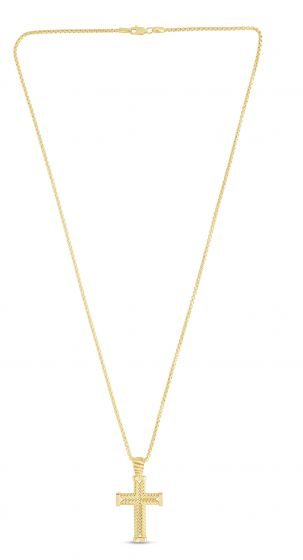 14K Gold Polished Cross Pendant on Gold Lite Round Box Chain