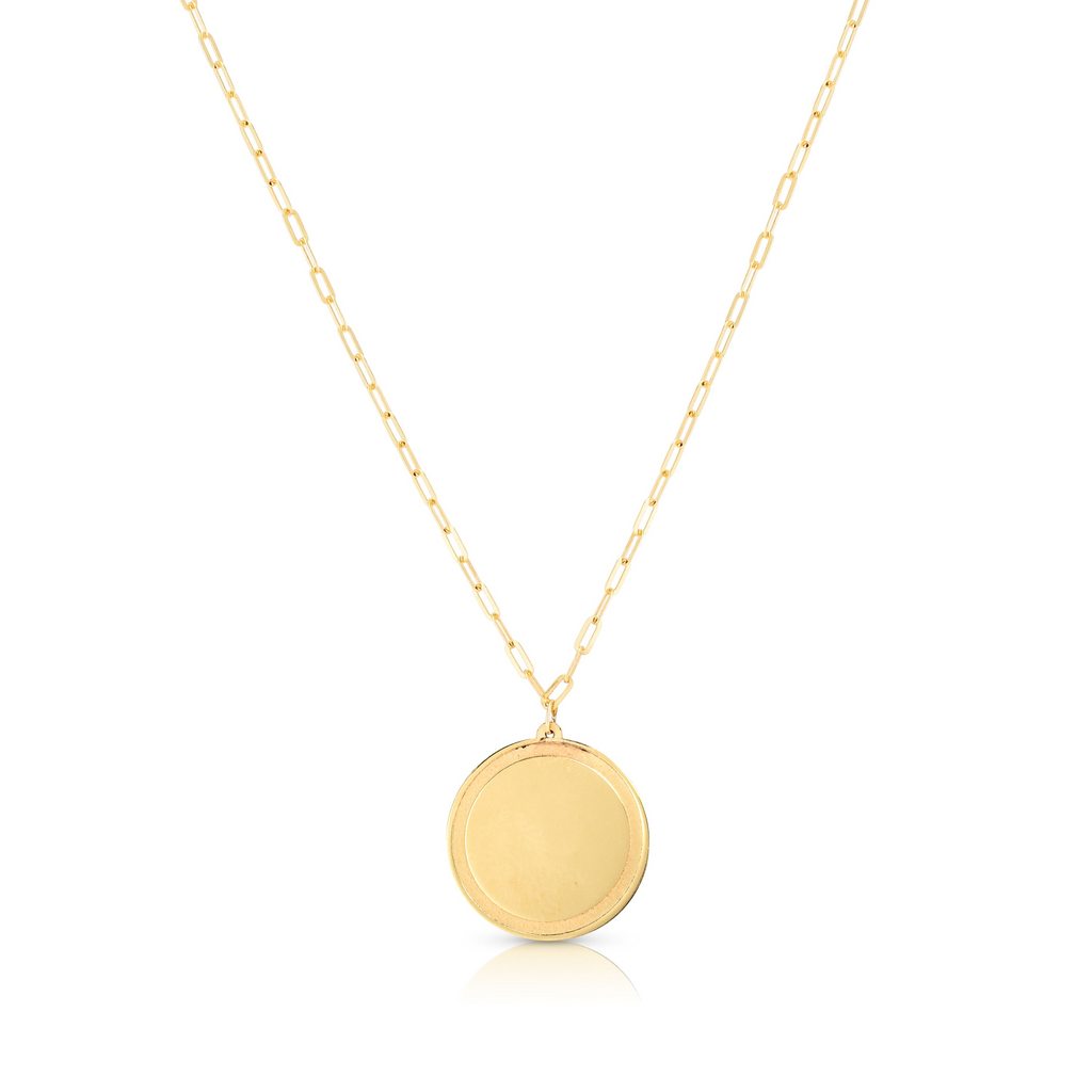 14K Gold Round Tag Charm Pendant Necklace with Paperclip Chain