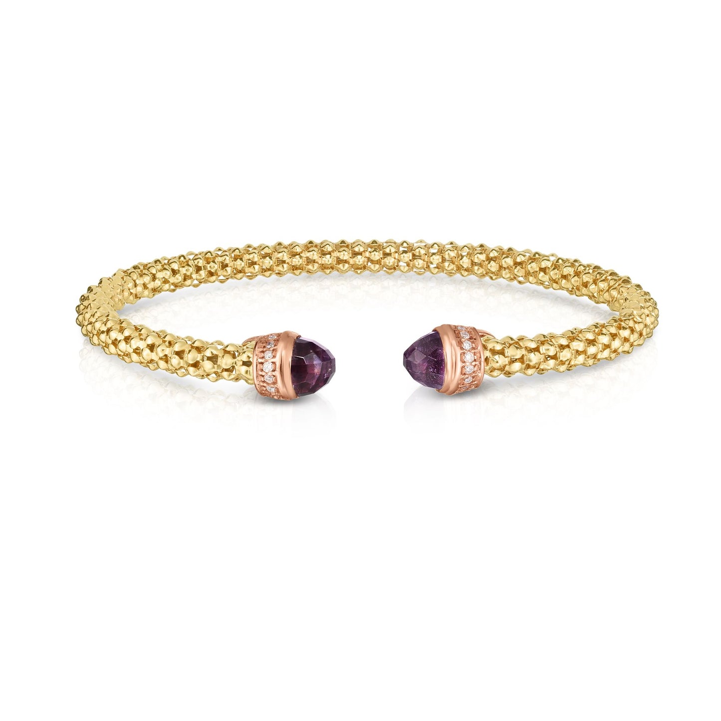 14K Gold Yellow Finish Textured Fancy Cuff Popcorn Bangle with 0.09ct White Diamond 2.0000ct Round Amethyst
