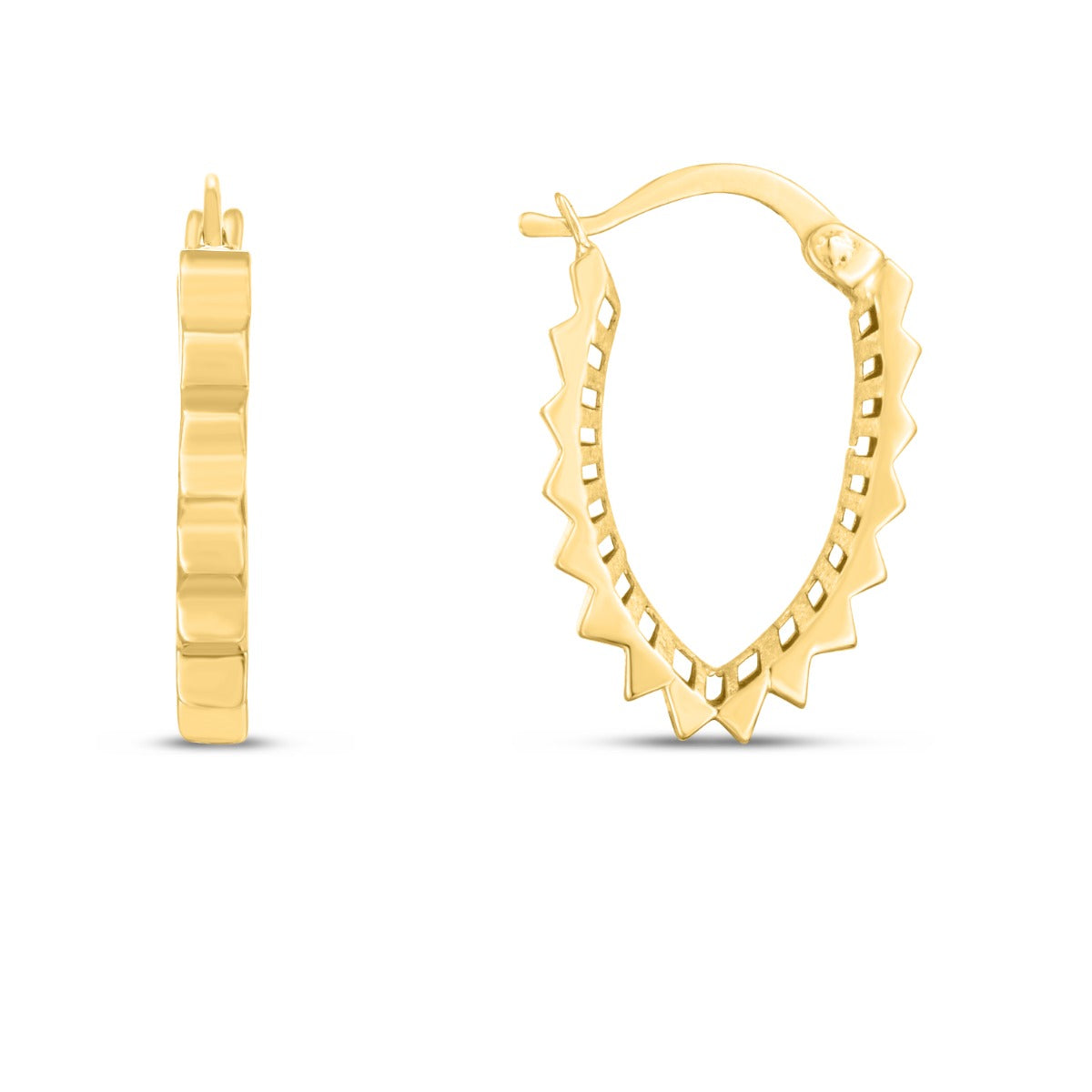 14K Gold Polished Spiky V-Hoops with Hinged Clasp.