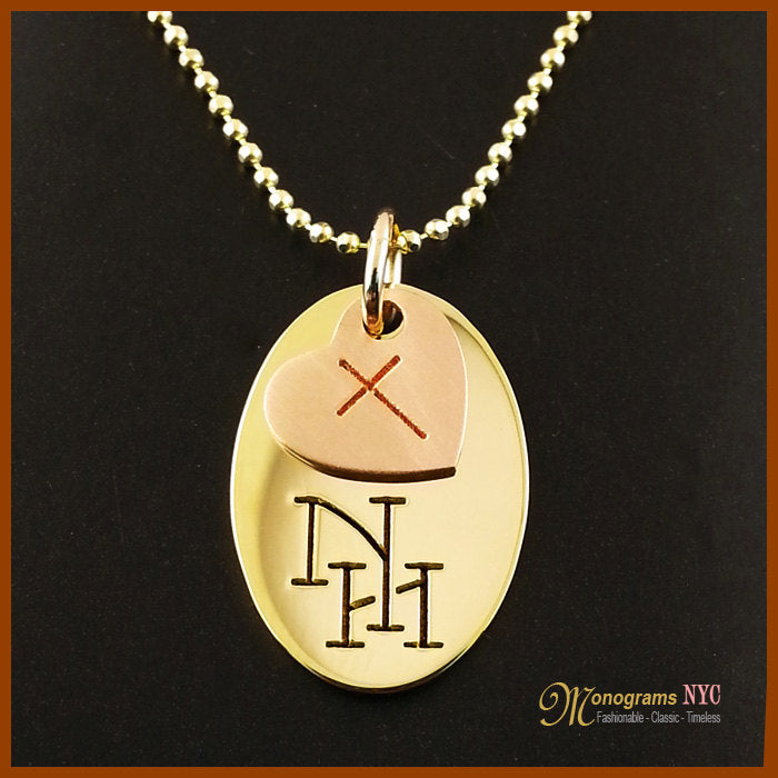 Oval Punch out Initial Monogram Pendant with Heart Cross 2 Tone in 14kt Gold "100% Satisfaction Guarantee or Money Back" - Elegant Creations NYC