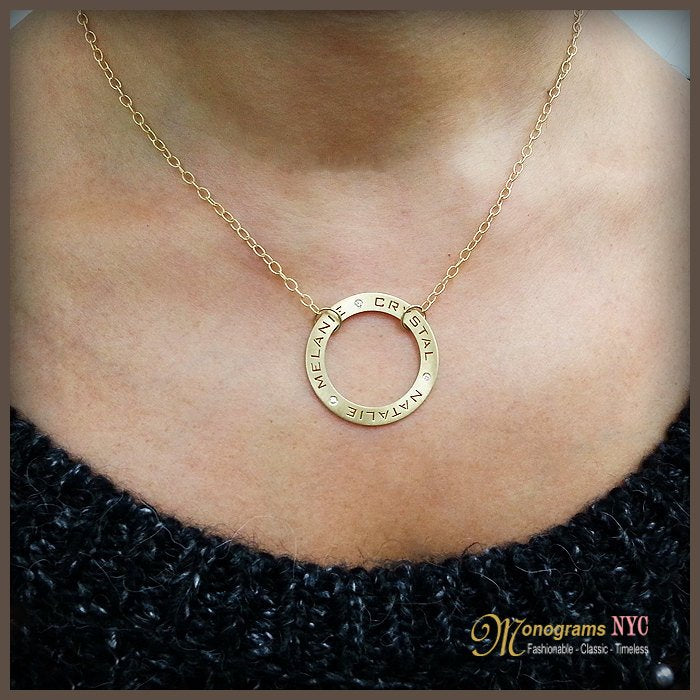 14kt. Gold and Diamond Circle of Life Necklace , 3 name necklace, multi name necklace, three name necklace - Elegant Creations NYC