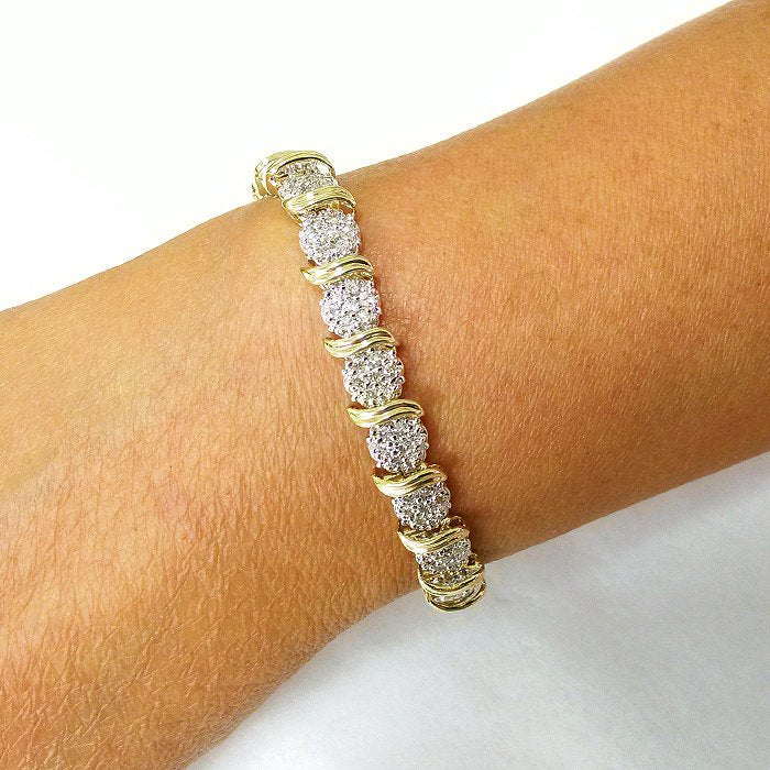 2.45 ctw. Diamond Cluster wave Bracelet 14k White and Yellow Gold 2 Tone 7" inch - Diamond Swirl - S Tennis Bracelet - Elegant Creations NYC