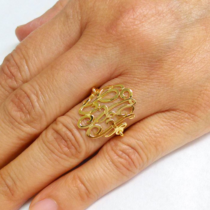 Gold Monogram Ring-Ring With Initials-Monogram Wire Ring-Script Initial Ring-Ring Monogram-Ring With letter-Monogrammed-Three Initial Ring - Elegant Creations NYC