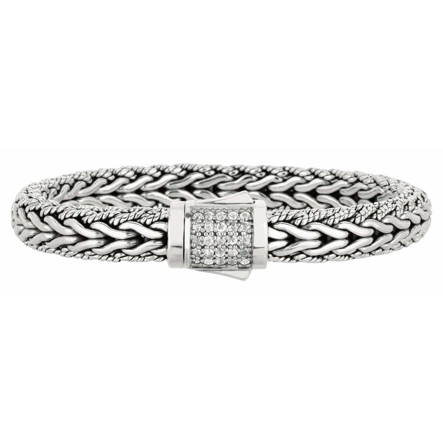 Sterling Silver Wide Wheat Patterned with Piping Trim Bracelet with Precious Stone Cluster at Clasp