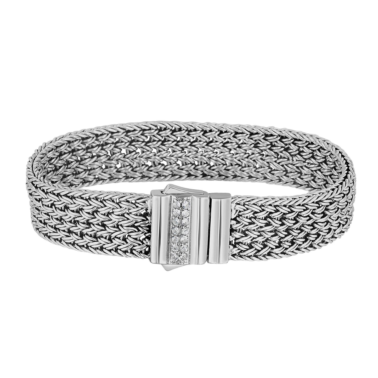 Sterling Silver With White Sapphire Designer Woven Bracelet