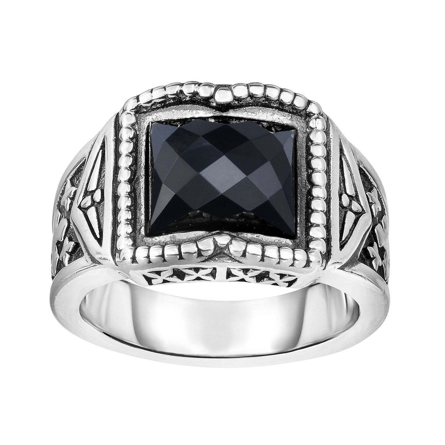 Sterling Silver Graduated Mens Ring with Fleur De Lys Symbol and Black Onyx