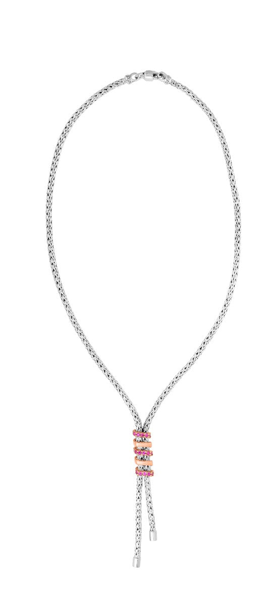 Sterling Silver Double Strand Woven Necklace with Round Pink Sapphires