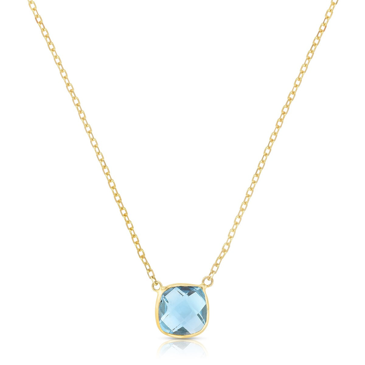 14K Gold Blue Topaz Cushion Solitiare Necklace