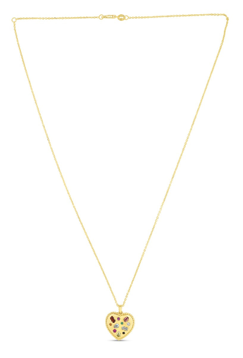 Gemstone Inlay and 14K Gold Yellow Polished Heart Beaded Pendant Chain Necklace with Lobster Clasp