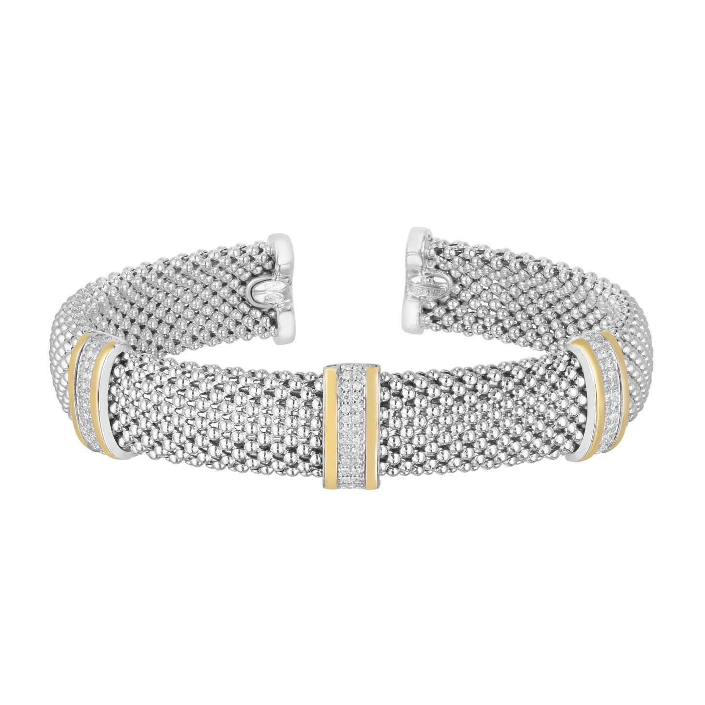 18K Gold & Sterling Silver Diamond Cut Cuff Popcorn Bangle with 0.39ct White Diamond