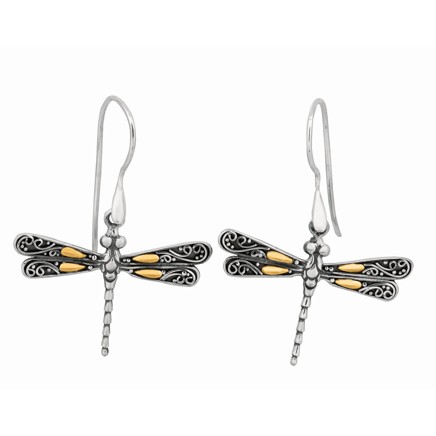 18K Yellow Gold Sterling Silver Oxidized Single Dragonfly Drop Earring