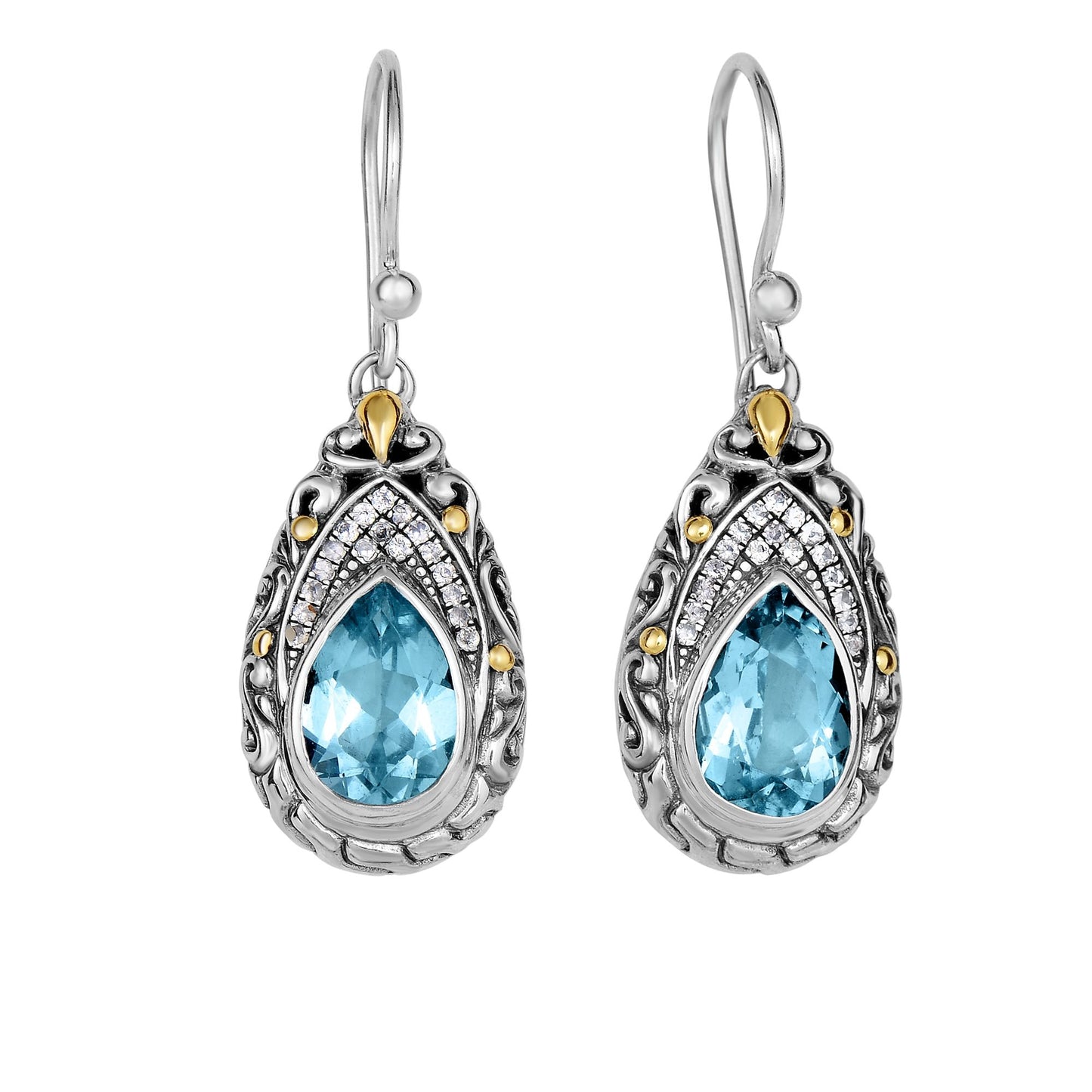 18K Yellow Gold Silver with Oxidized Finish Shiny White Sapphire Blue Topaz Teardrop Fancy Byzantine Drop Earring