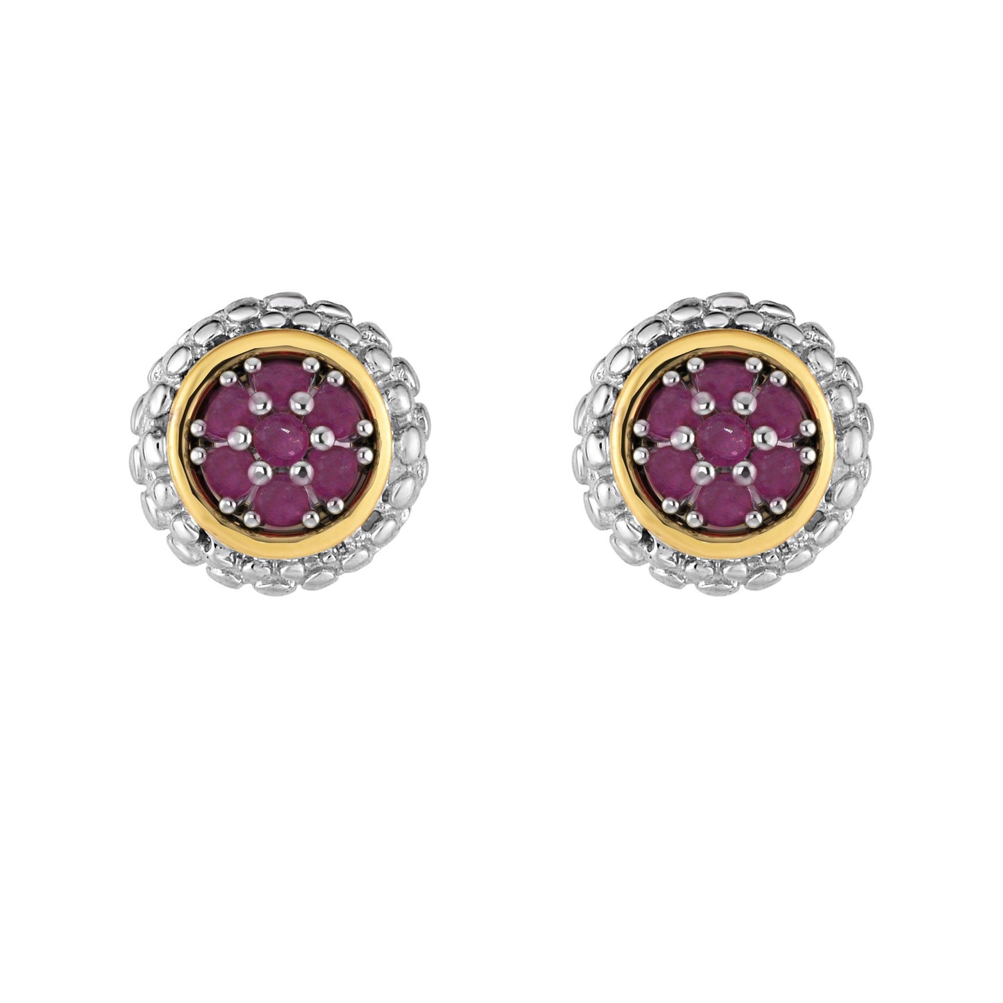 18K Gold & Silver Round Post Fancy Earring with Push Back Clasp with Gemstone Options