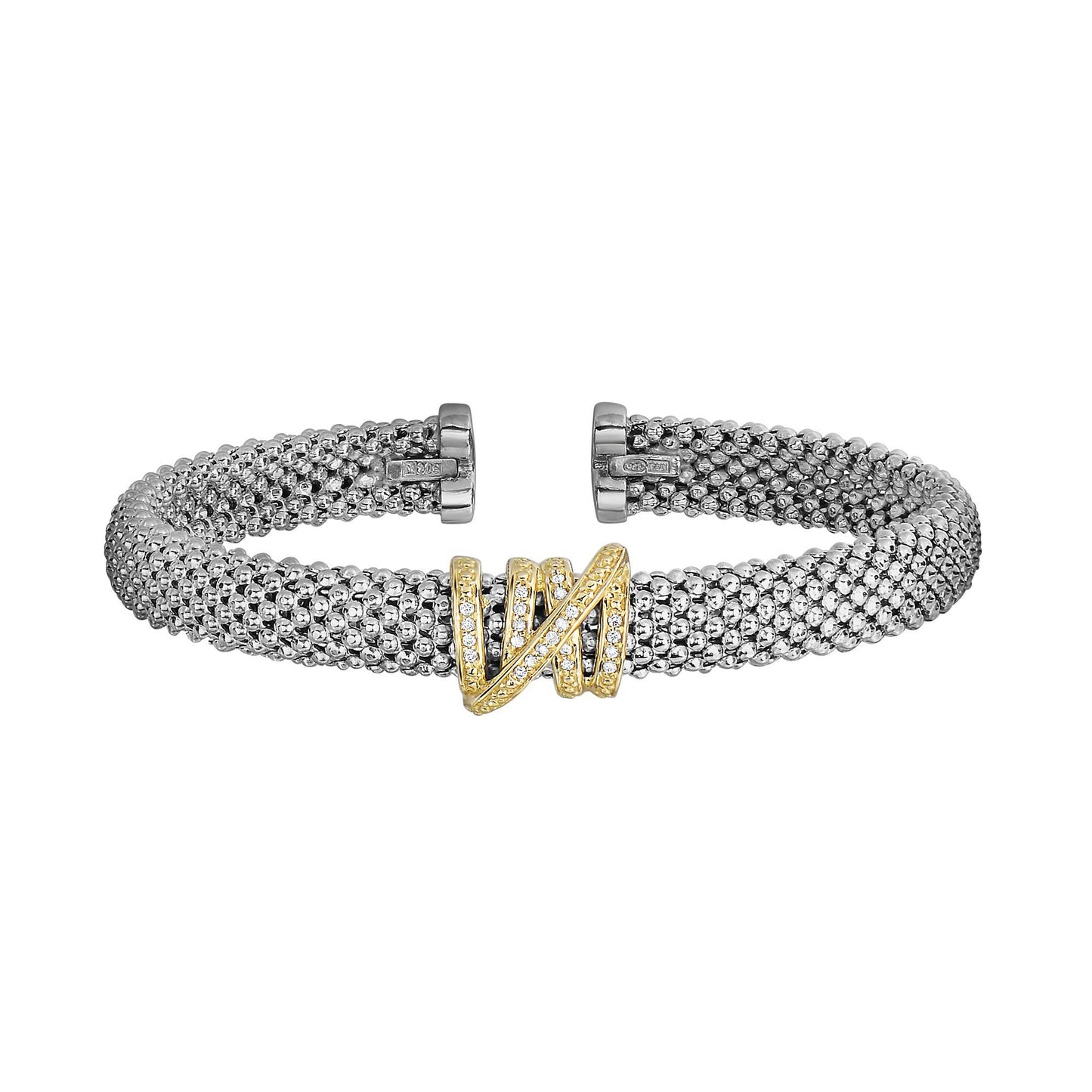 Two Tone 18K Gold or Sterling Silver Popcorn Textured Cuff Bangle with Coil Center Element and Diamonds