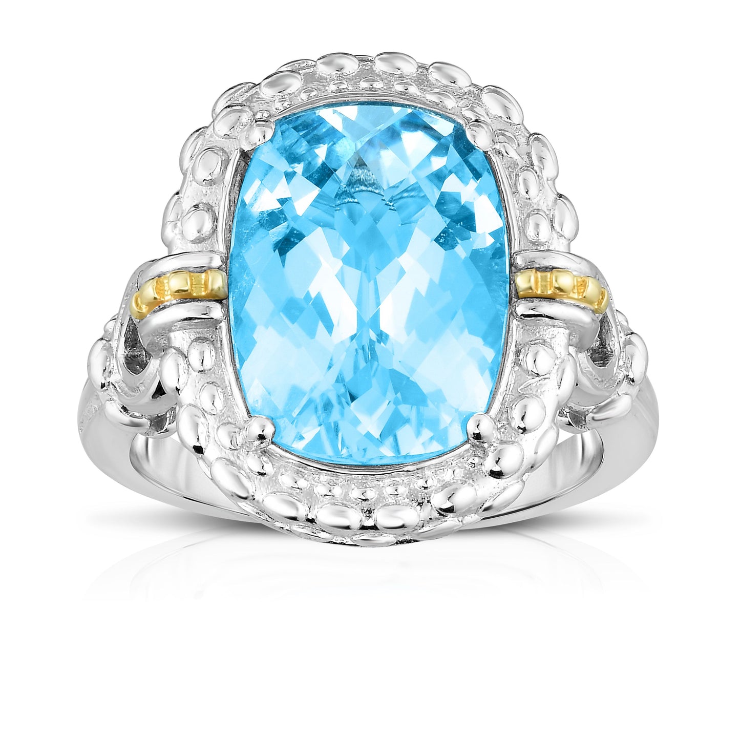 18kt Silver Size-7 Yellow Rhodium Finish 18.8x21.7mm Diamond Cut Popcorn Ring with Cushion Sky Blue Topaz