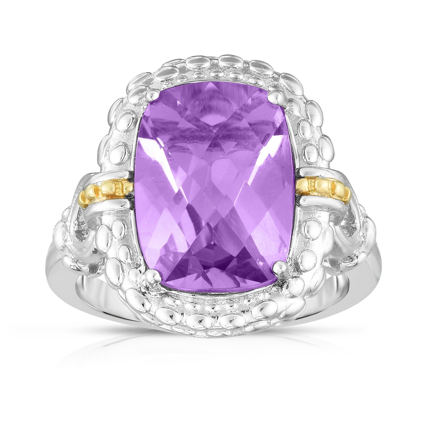 18kt Silver Size-7 Yellow Rhodium Finish 18.8x21.7mm Diamond Cut Popcorn Ring with Cushion Pink Amethyst