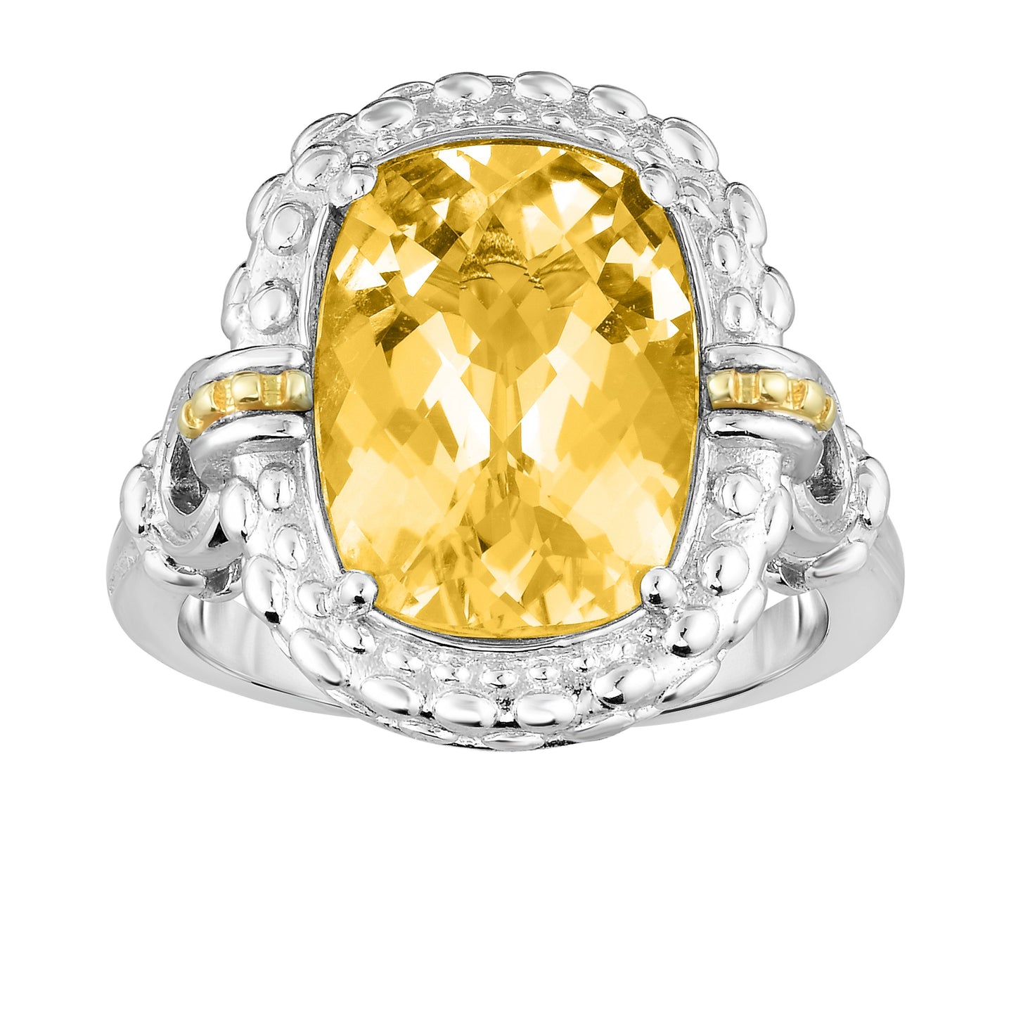 18K Gold and Sterling Silver Diamond Cut Popcorn Ring with Cushion Honey Quartz