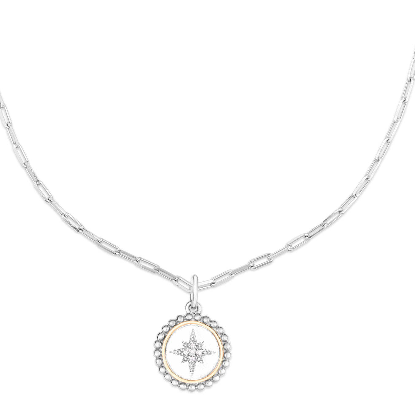 18K Gold & Sterling Silver North Star Pendant on Sterling Silver Paperclip Chain