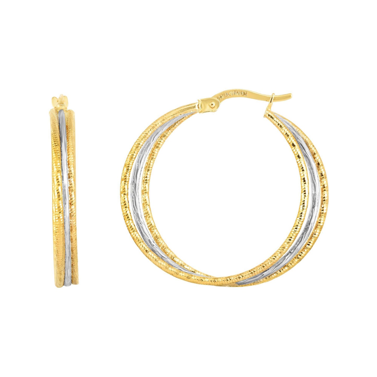 14K Gold Yellow & Polished & Diamond Cut Double Row Hoop Earring
