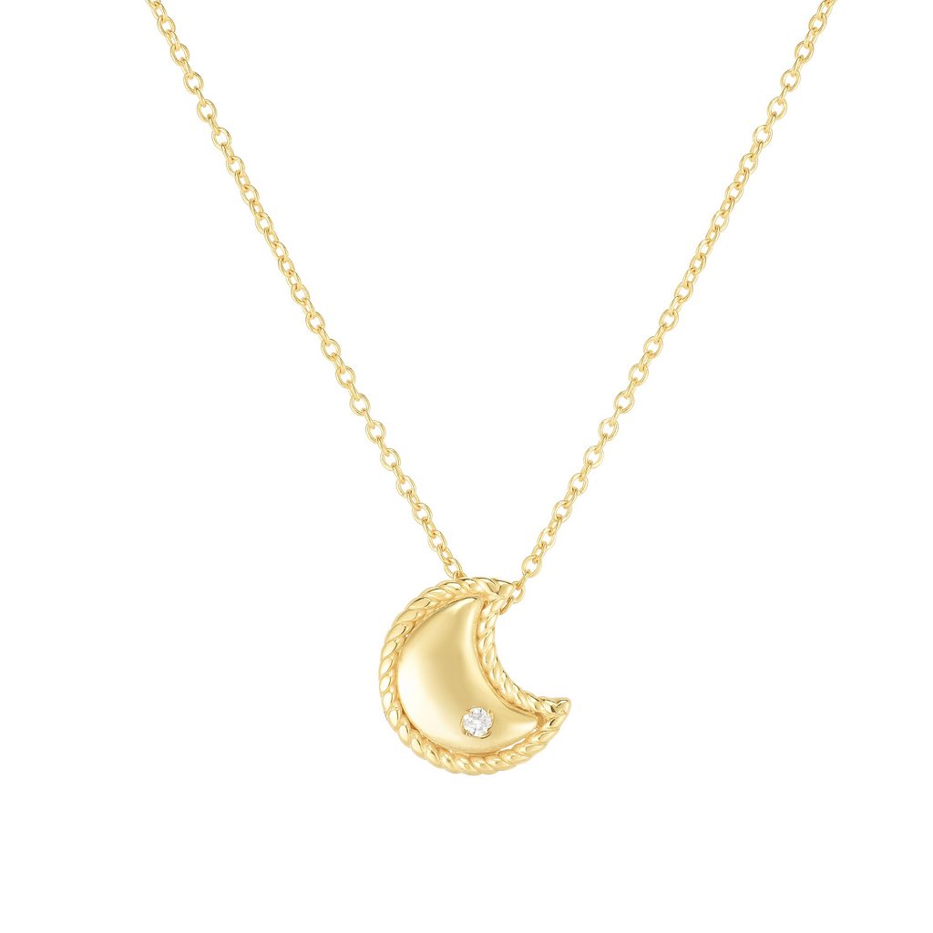 Polished 14K Gold and Diamond Moon Pendant Charm Necklace with Lobster Clasp